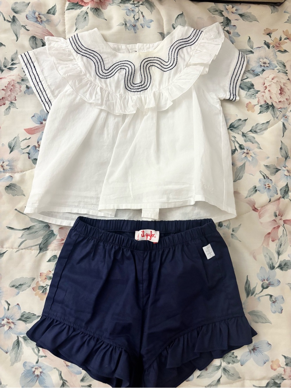 Chloe White Ruffle Top & il gufo Navy Ruffle Shorts Set